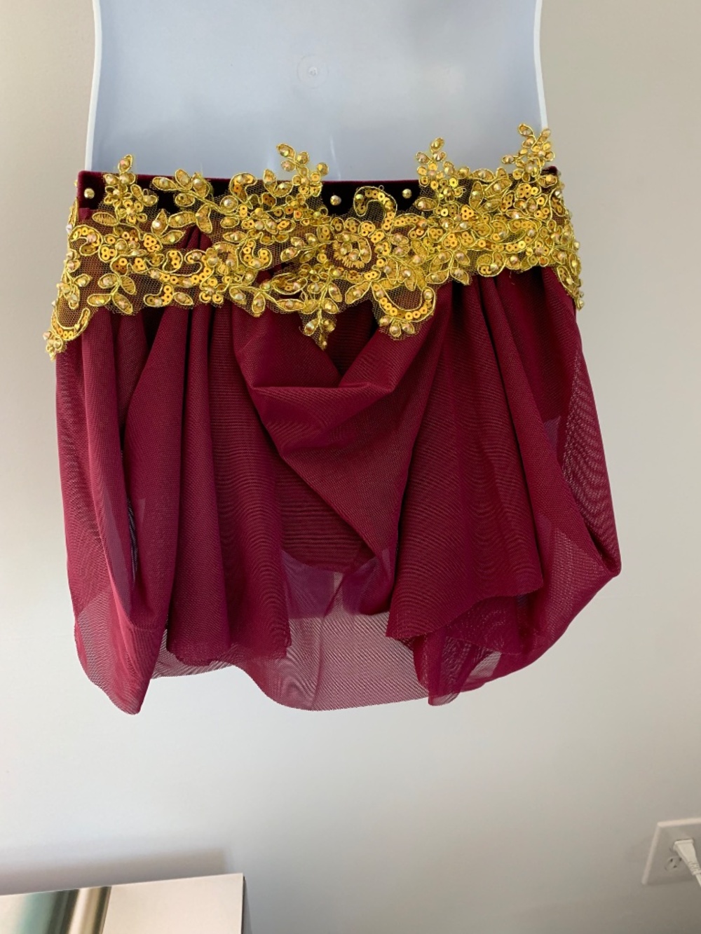 Child's Maroon Velvet Dance Costume: Gold Rhinestone Appliqués - Picture 7 of 7